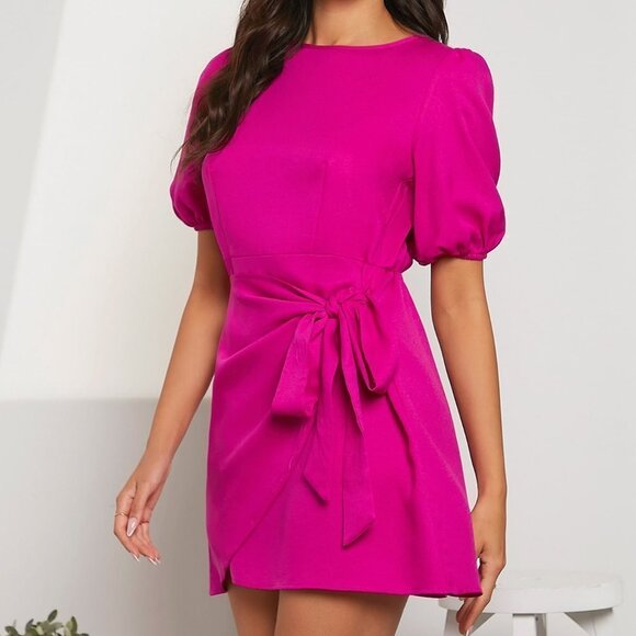 Pink Casual Womens Puff Sleeve Knot Front Wrap Dress - Picture 5 of 6